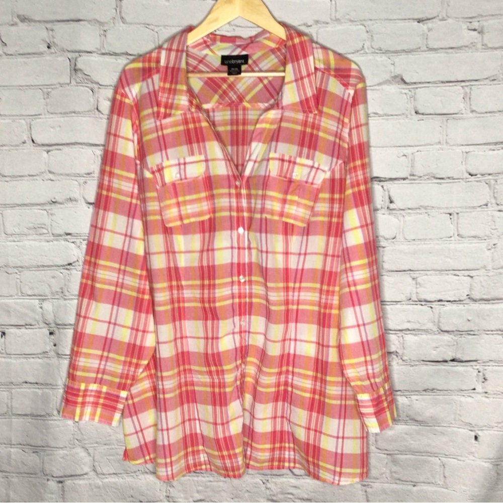 Lane Bryant Pink Yellow Plaid Long Sleeve Button Up Casual Cotton Shirt 26 - 28